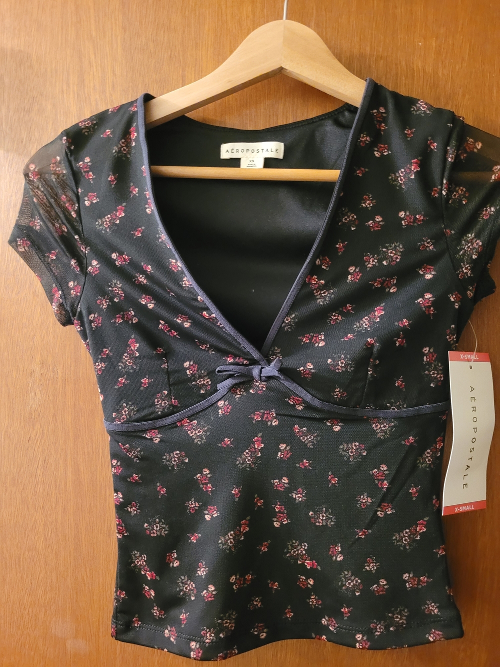 Aeropostale Black Floral Crop Top with Pink Buds